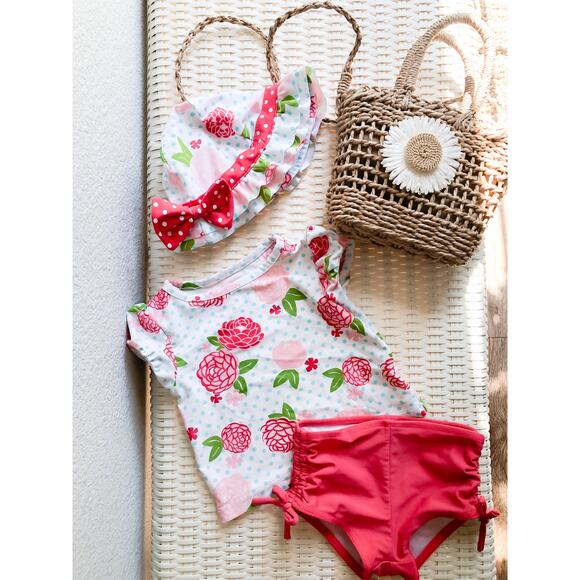 EUC 3pc Floral Rash guard Swimsuit & matching Sun Hat 18-24mths - Picture 1 of 2